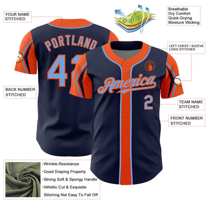 Custom Navy Powder Blue-Orange 3 Colors Arm Shapes Authentic Baseball Jersey - Sky-Custom
