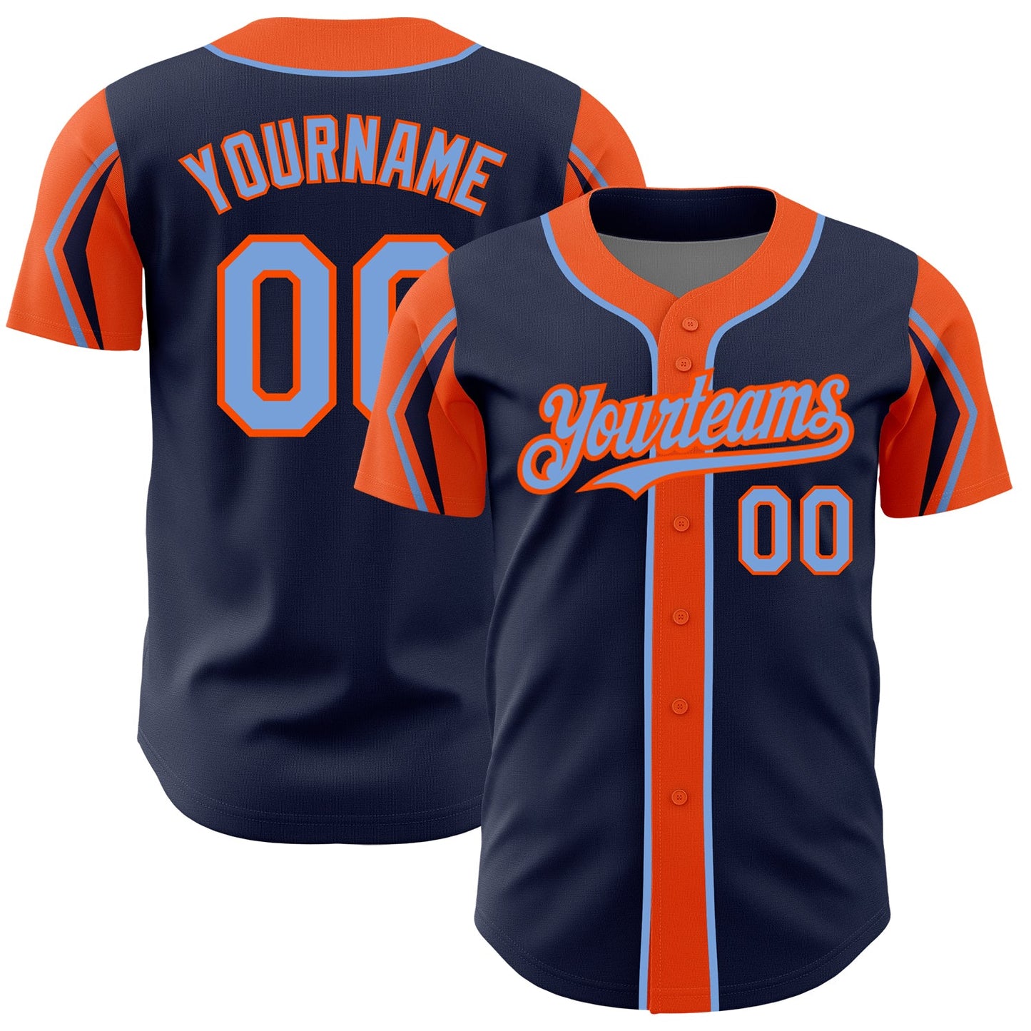 Custom Navy Powder Blue-Orange 3 Colors Arm Shapes Authentic Baseball Jersey - Sky-Custom