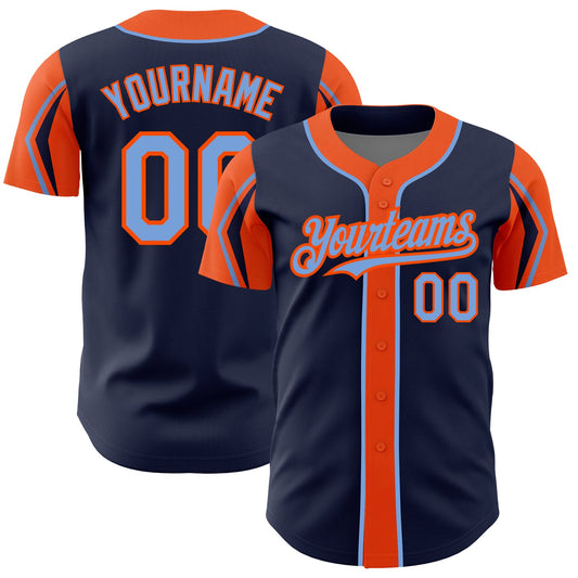 Custom Navy Powder Blue-Orange 3 Colors Arm Shapes Authentic Baseball Jersey - Sky-Custom