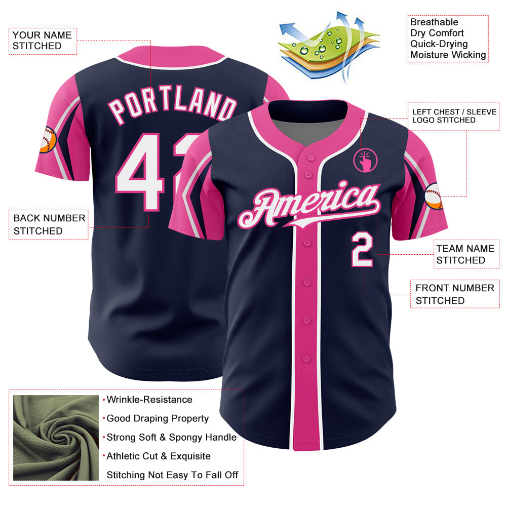 Custom Navy White-Pink 3 Colors Arm Shapes Authentic Baseball Jersey - Sky-Custom