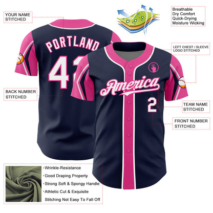 Custom Navy White-Pink 3 Colors Arm Shapes Authentic Baseball Jersey - Sky-Custom