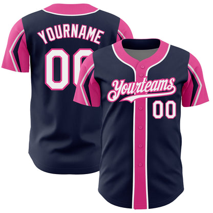Custom Navy White-Pink 3 Colors Arm Shapes Authentic Baseball Jersey - Sky-Custom