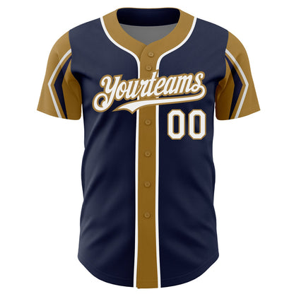 Custom Navy White-Old Gold 3 Colors Arm Shapes Authentic Baseball Jersey - Sky-Custom