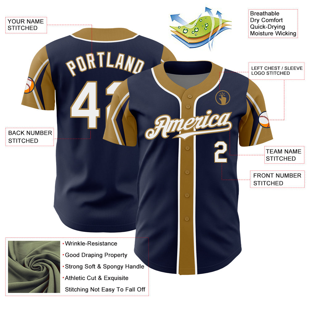Custom Navy White-Old Gold 3 Colors Arm Shapes Authentic Baseball Jersey - Sky-Custom