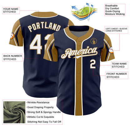 Custom Navy White-Old Gold 3 Colors Arm Shapes Authentic Baseball Jersey - Sky-Custom