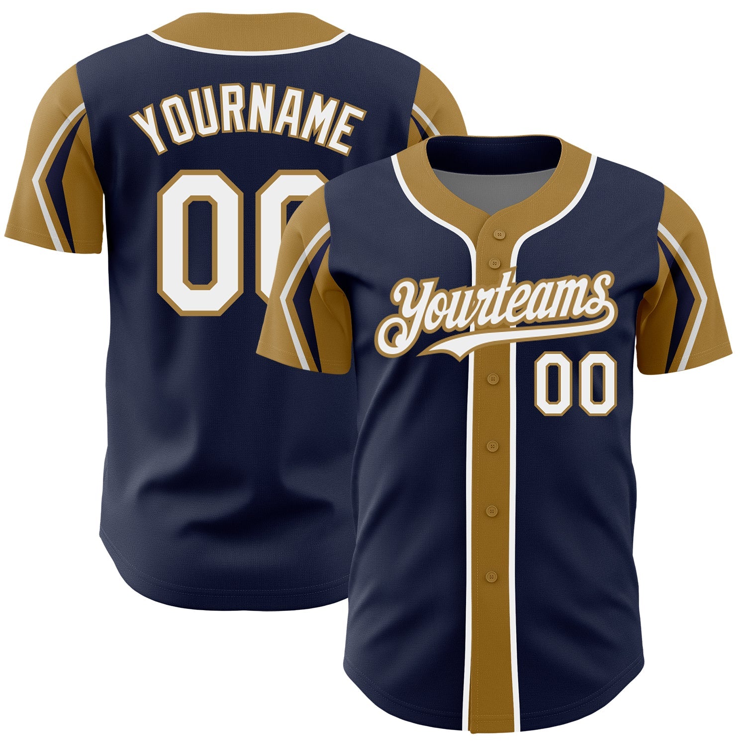 Custom Navy White-Old Gold 3 Colors Arm Shapes Authentic Baseball Jersey - Sky-Custom