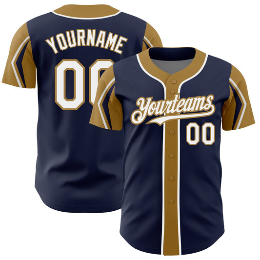 Custom Navy White-Old Gold 3 Colors Arm Shapes Authentic Baseball Jersey - Sky-Custom