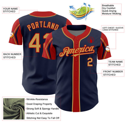 Custom Navy Old Gold-Red 3 Colors Arm Shapes Authentic Baseball Jersey - Sky-Custom