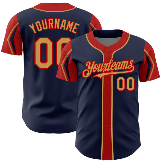 Custom Navy Old Gold-Red 3 Colors Arm Shapes Authentic Baseball Jersey - Sky-Custom