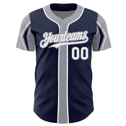 Custom Navy White-Gray 3 Colors Arm Shapes Authentic Baseball Jersey - Sky-Custom