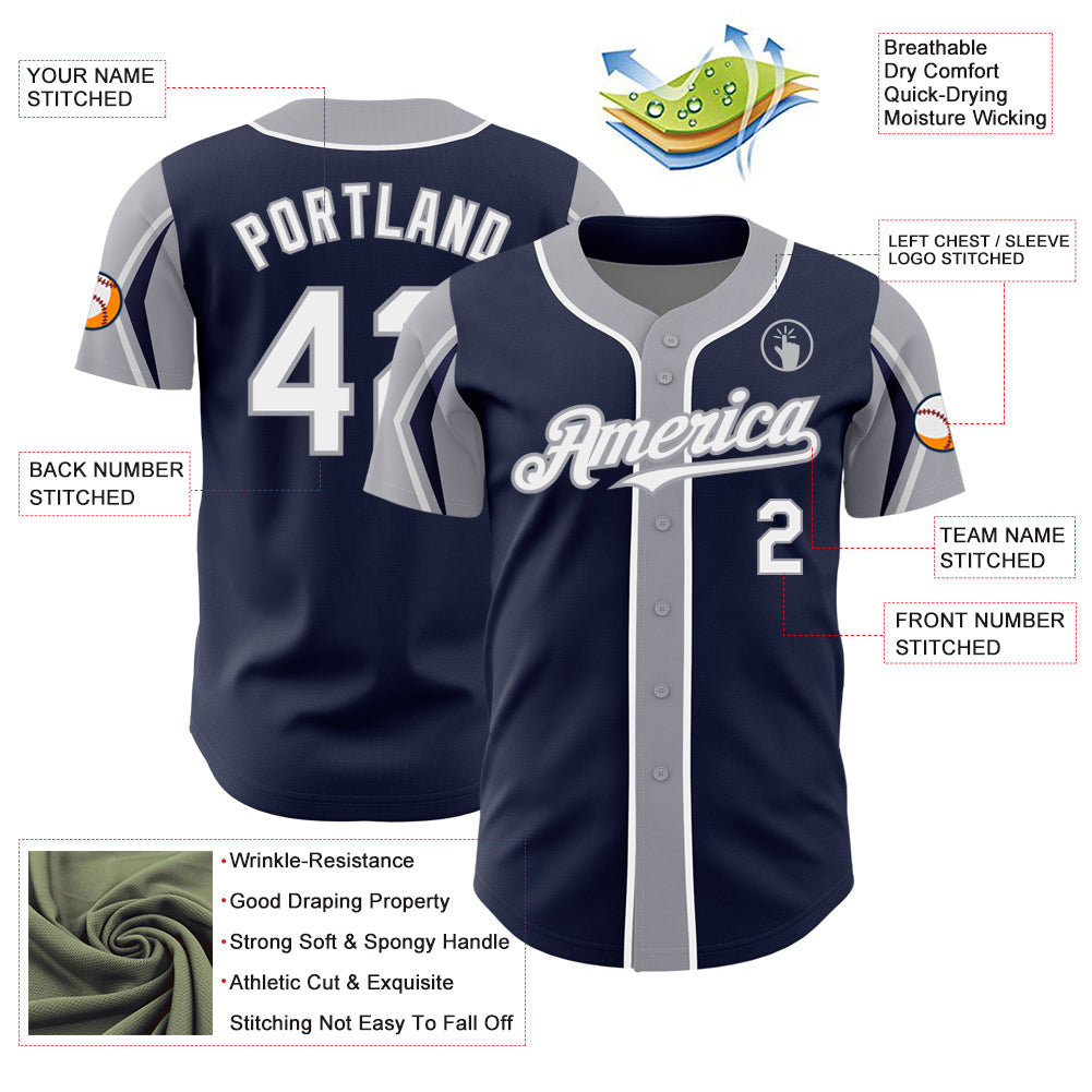 Custom Navy White-Gray 3 Colors Arm Shapes Authentic Baseball Jersey - Sky-Custom