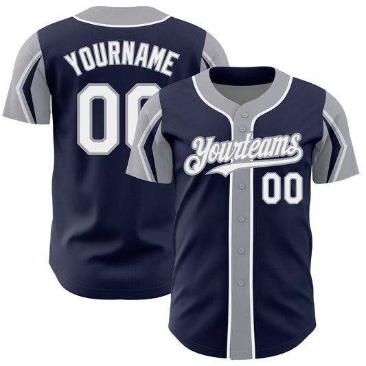 Custom Navy White-Gray 3 Colors Arm Shapes Authentic Baseball Jersey - Sky-Custom