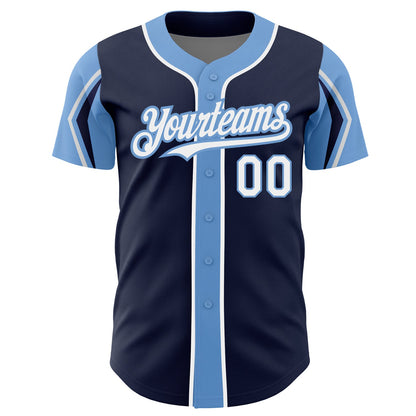 Custom Navy White-Light Blue 3 Colors Arm Shapes Authentic Baseball Jersey - Sky-Custom
