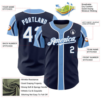 Custom Navy White-Light Blue 3 Colors Arm Shapes Authentic Baseball Jersey - Sky-Custom