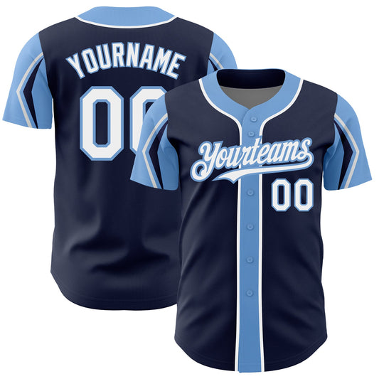Custom Navy White-Light Blue 3 Colors Arm Shapes Authentic Baseball Jersey - Sky-Custom