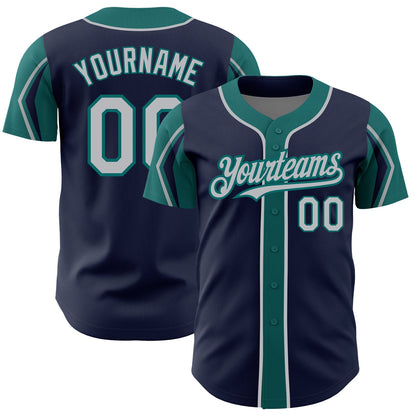 Custom Navy Gray-Teal 3 Colors Arm Shapes Authentic Baseball Jersey - Sky-Custom
