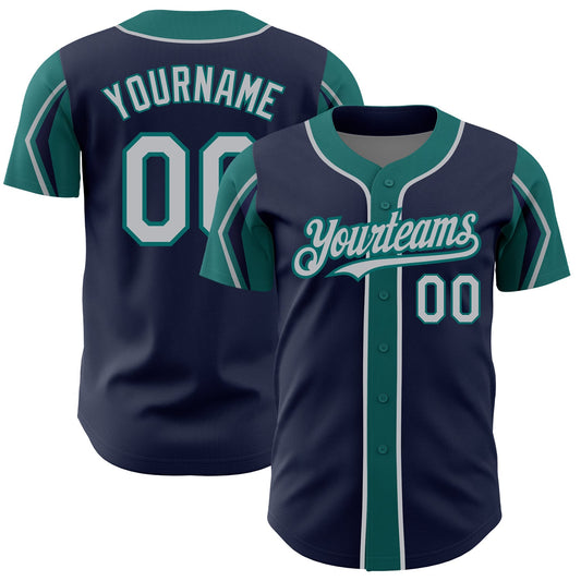 Custom Navy Gray-Teal 3 Colors Arm Shapes Authentic Baseball Jersey - Sky-Custom
