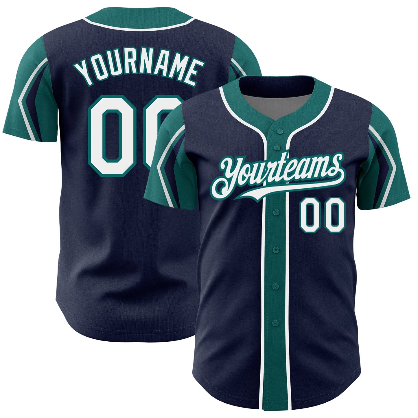 Custom Navy White-Teal 3 Colors Arm Shapes Authentic Baseball Jersey - Sky-Custom
