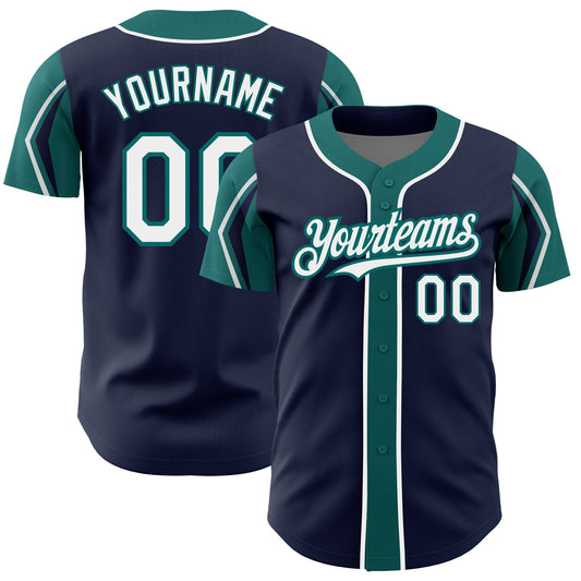 Custom Navy White-Teal 3 Colors Arm Shapes Authentic Baseball Jersey - Sky-Custom
