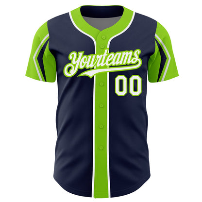 Custom Navy White-Neon Green 3 Colors Arm Shapes Authentic Baseball Jersey - Sky-Custom