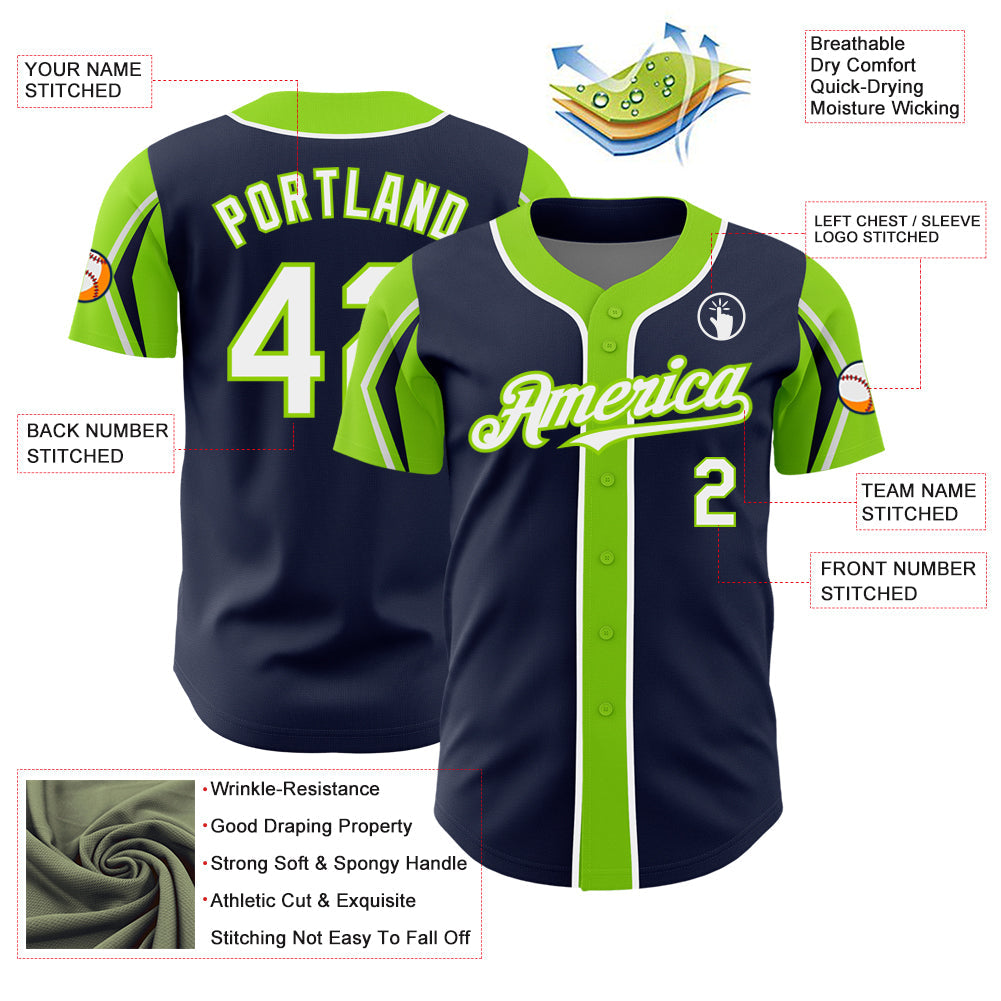 Custom Navy White-Neon Green 3 Colors Arm Shapes Authentic Baseball Jersey - Sky-Custom