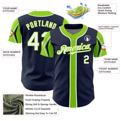Custom Navy White-Neon Green 3 Colors Arm Shapes Authentic Baseball Jersey - Sky-Custom