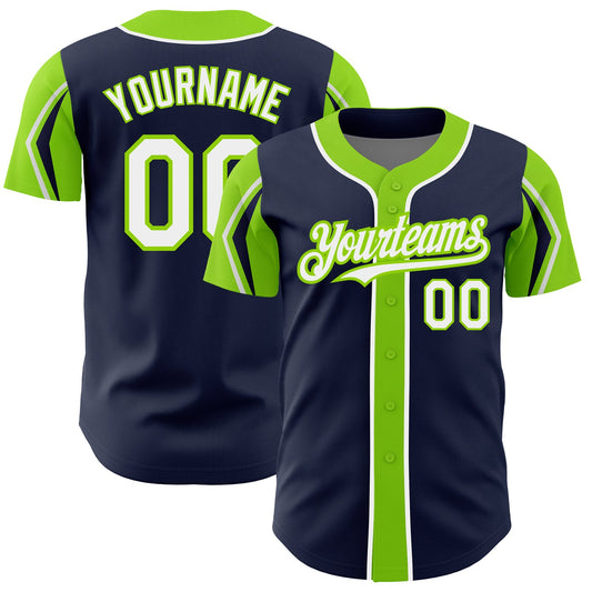 Custom Navy White-Neon Green 3 Colors Arm Shapes Authentic Baseball Jersey - Sky-Custom