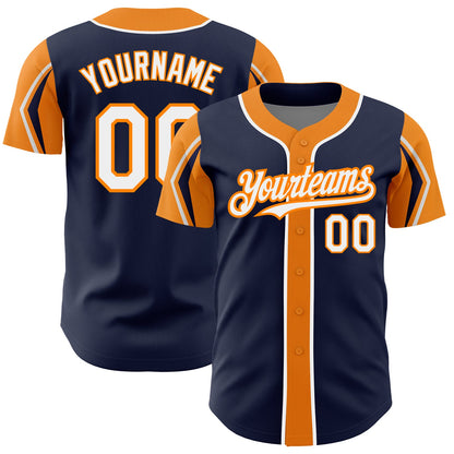 Custom Navy White-Bay Orange 3 Colors Arm Shapes Authentic Baseball Jersey - Sky-Custom