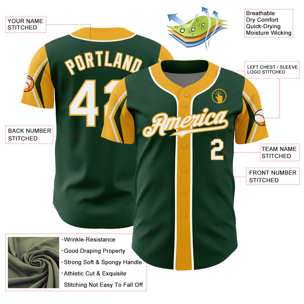 Custom Green White-Gold 3 Colors Arm Shapes Authentic Baseball Jersey - Sky-Custom