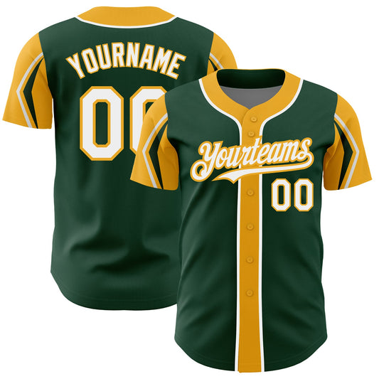 Custom Green White-Gold 3 Colors Arm Shapes Authentic Baseball Jersey - Sky-Custom