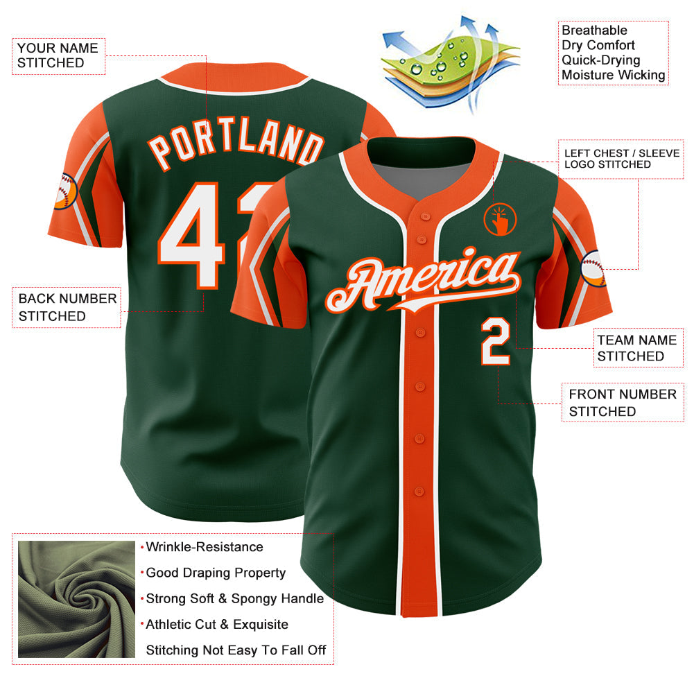 Custom Green White-Orange 3 Colors Arm Shapes Authentic Baseball Jersey - Sky-Custom
