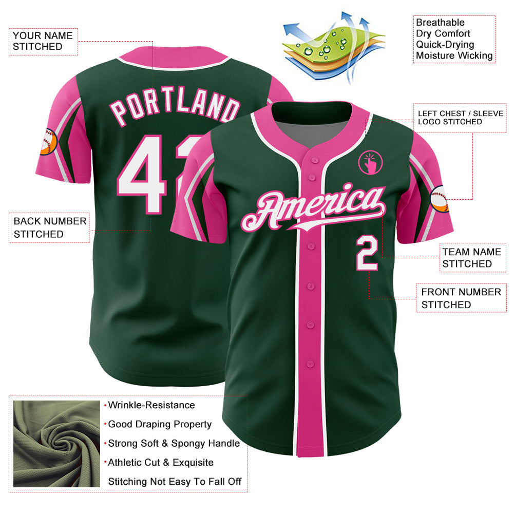 Custom Green White-Pink 3 Colors Arm Shapes Authentic Baseball Jersey - Sky-Custom