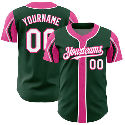 Custom Green White-Pink 3 Colors Arm Shapes Authentic Baseball Jersey - Sky-Custom