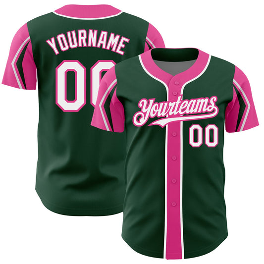 Custom Green White-Pink 3 Colors Arm Shapes Authentic Baseball Jersey - Sky-Custom