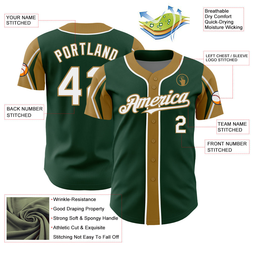 Custom Green White-Old Gold 3 Colors Arm Shapes Authentic Baseball Jersey - Sky-Custom
