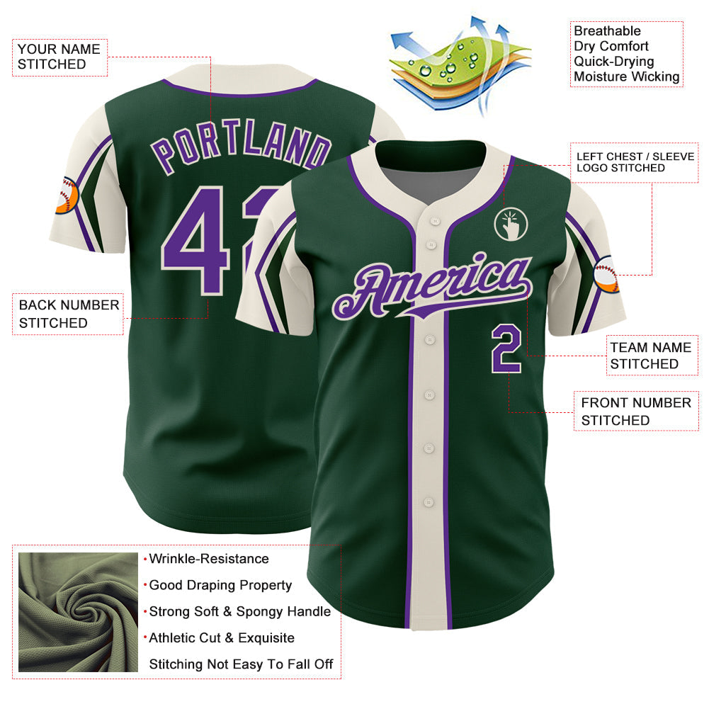 Custom Green Purple-Cream 3 Colors Arm Shapes Authentic Baseball Jersey - Sky-Custom