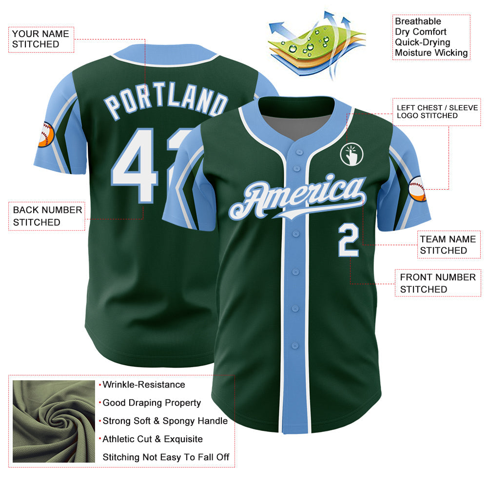 Custom Green White-Light Blue 3 Colors Arm Shapes Authentic Baseball Jersey - Sky-Custom