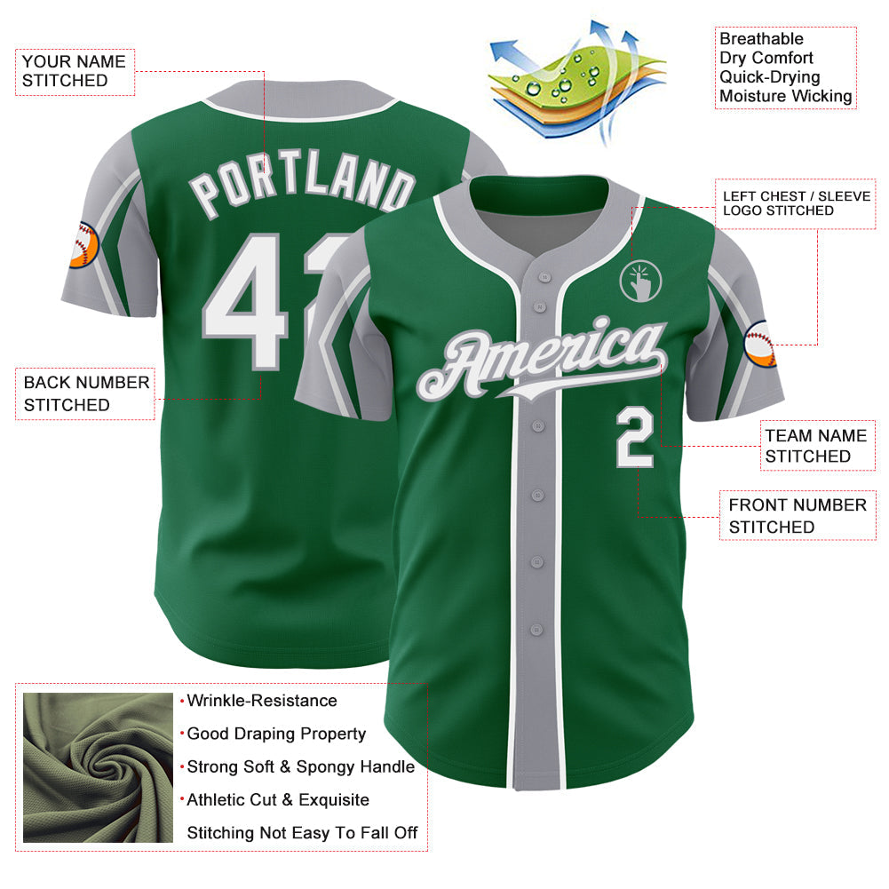 Custom Kelly Green White-Gray 3 Colors Arm Shapes Authentic Baseball Jersey - Sky-Custom