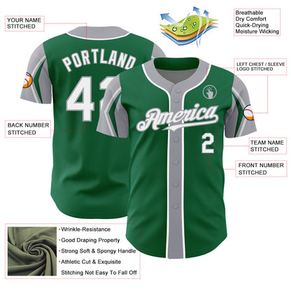 Custom Kelly Green White-Gray 3 Colors Arm Shapes Authentic Baseball Jersey - Sky-Custom