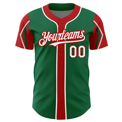 Custom Kelly Green White-Red 3 Colors Arm Shapes Authentic Baseball Jersey - Sky-Custom