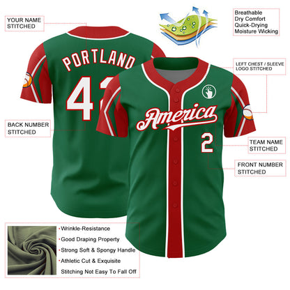 Custom Kelly Green White-Red 3 Colors Arm Shapes Authentic Baseball Jersey - Sky-Custom