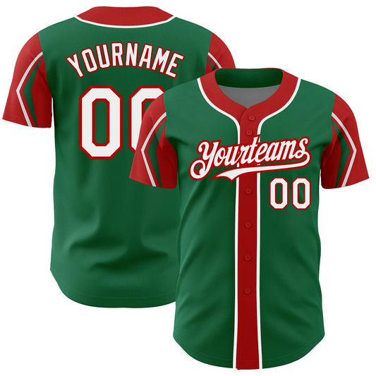 Custom Kelly Green White-Red 3 Colors Arm Shapes Authentic Baseball Jersey - Sky-Custom