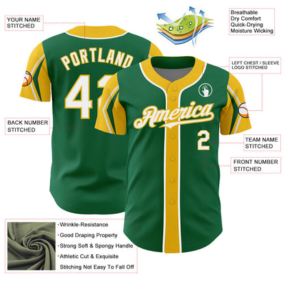 Custom Kelly Green White-Yellow 3 Colors Arm Shapes Authentic Baseball Jersey - Sky-Custom