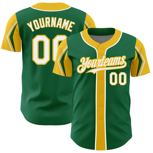 Custom Kelly Green White-Yellow 3 Colors Arm Shapes Authentic Baseball Jersey - Sky-Custom