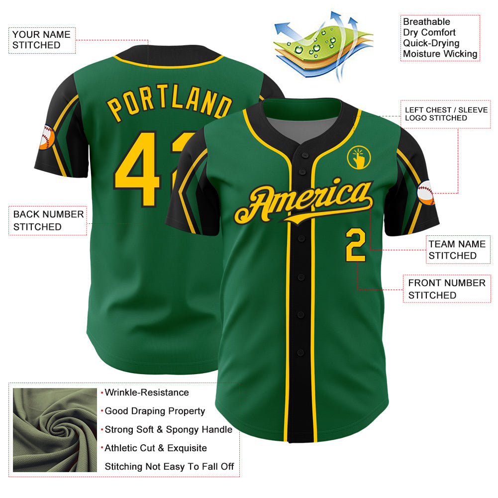 Custom Kelly Green Yellow-Black 3 Colors Arm Shapes Authentic Baseball Jersey - Sky-Custom