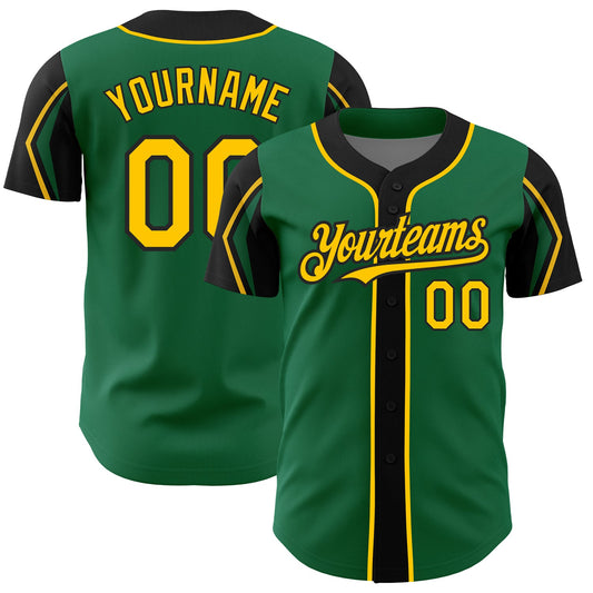 Custom Kelly Green Yellow-Black 3 Colors Arm Shapes Authentic Baseball Jersey - Sky-Custom