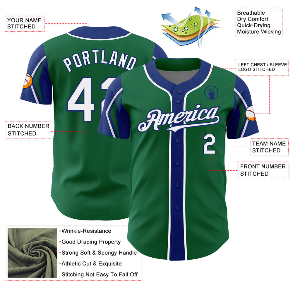 Custom Kelly Green White-Royal 3 Colors Arm Shapes Authentic Baseball Jersey - Sky-Custom