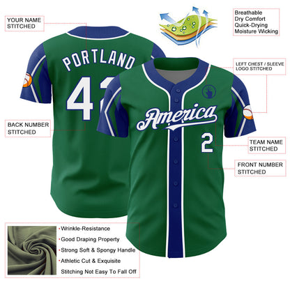 Custom Kelly Green White-Royal 3 Colors Arm Shapes Authentic Baseball Jersey - Sky-Custom