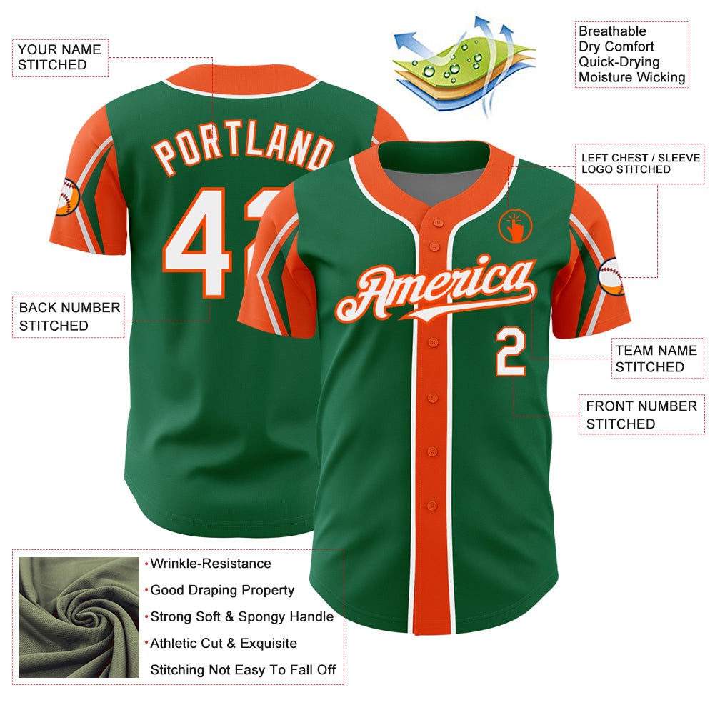 Custom Kelly Green White-Orange 3 Colors Arm Shapes Authentic Baseball Jersey - Sky-Custom