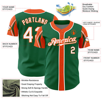 Custom Kelly Green White-Orange 3 Colors Arm Shapes Authentic Baseball Jersey - Sky-Custom